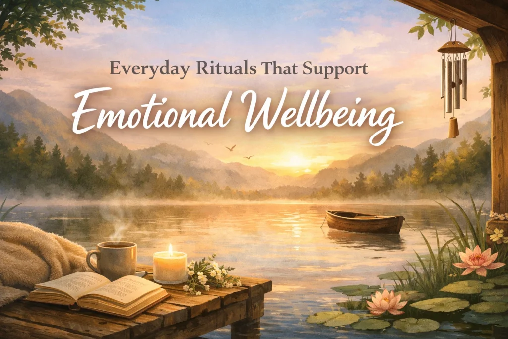 Everyday rituals that support emotional wellbeing — calm morning routine by a peaceful lake