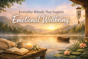 Everyday rituals that support emotional wellbeing — calm morning routine by a peaceful lake