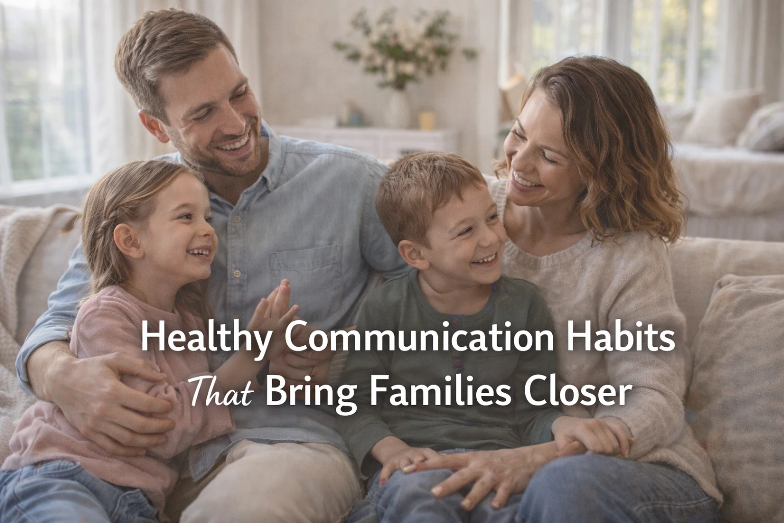 Happy family talking together in a bright living room, representing healthy communication habits that bring families closer