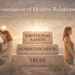 Foundation of healthy relationships illustrated with emotional safety, communication, and trust as the core pillars of a strong emotional connection.