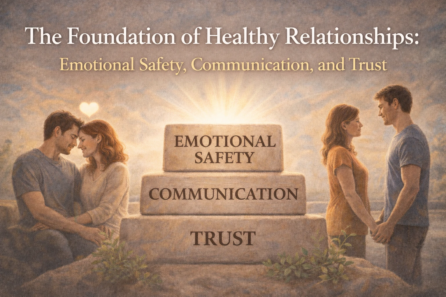 Foundation of healthy relationships illustrated with emotional safety, communication, and trust as the core pillars of a strong emotional connection.