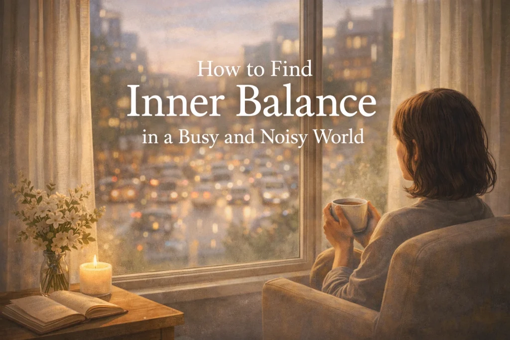 How to find inner balance in a busy and noisy world โ peaceful indoor moment overlooking a city