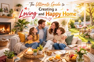 Happy family embracing in a warm and cozy living room, representing how to create a loving and happy home