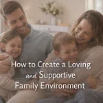 Happy family sitting together in a bright living room, representing a loving and supportive family environment at home