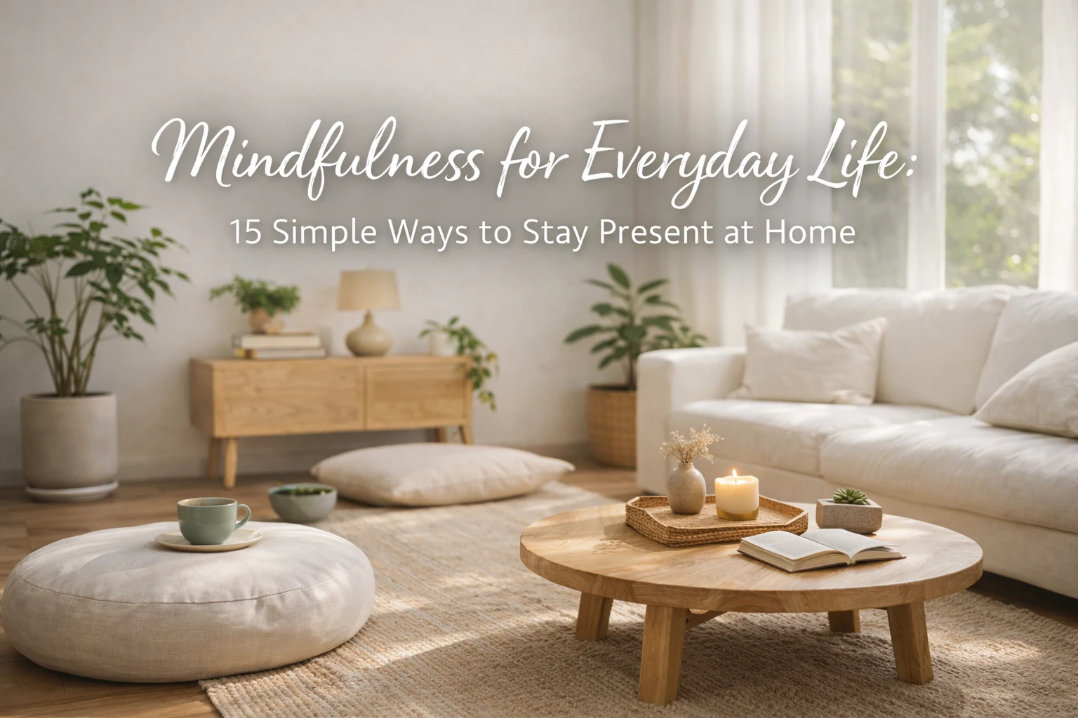 Calm and minimalist home interior with soft natural light, plants and cozy decor representing mindfulness for everyday life at home.