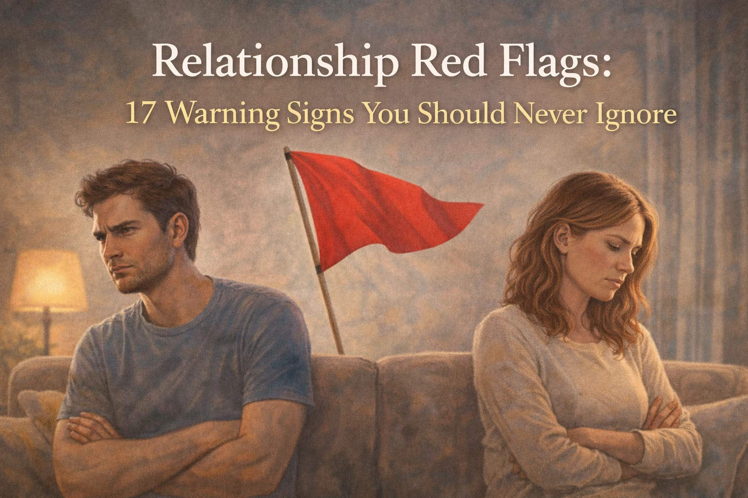Couple sitting apart on a couch with a red flag between them, symbolizing relationship red flags and warning signs you should never ignore.