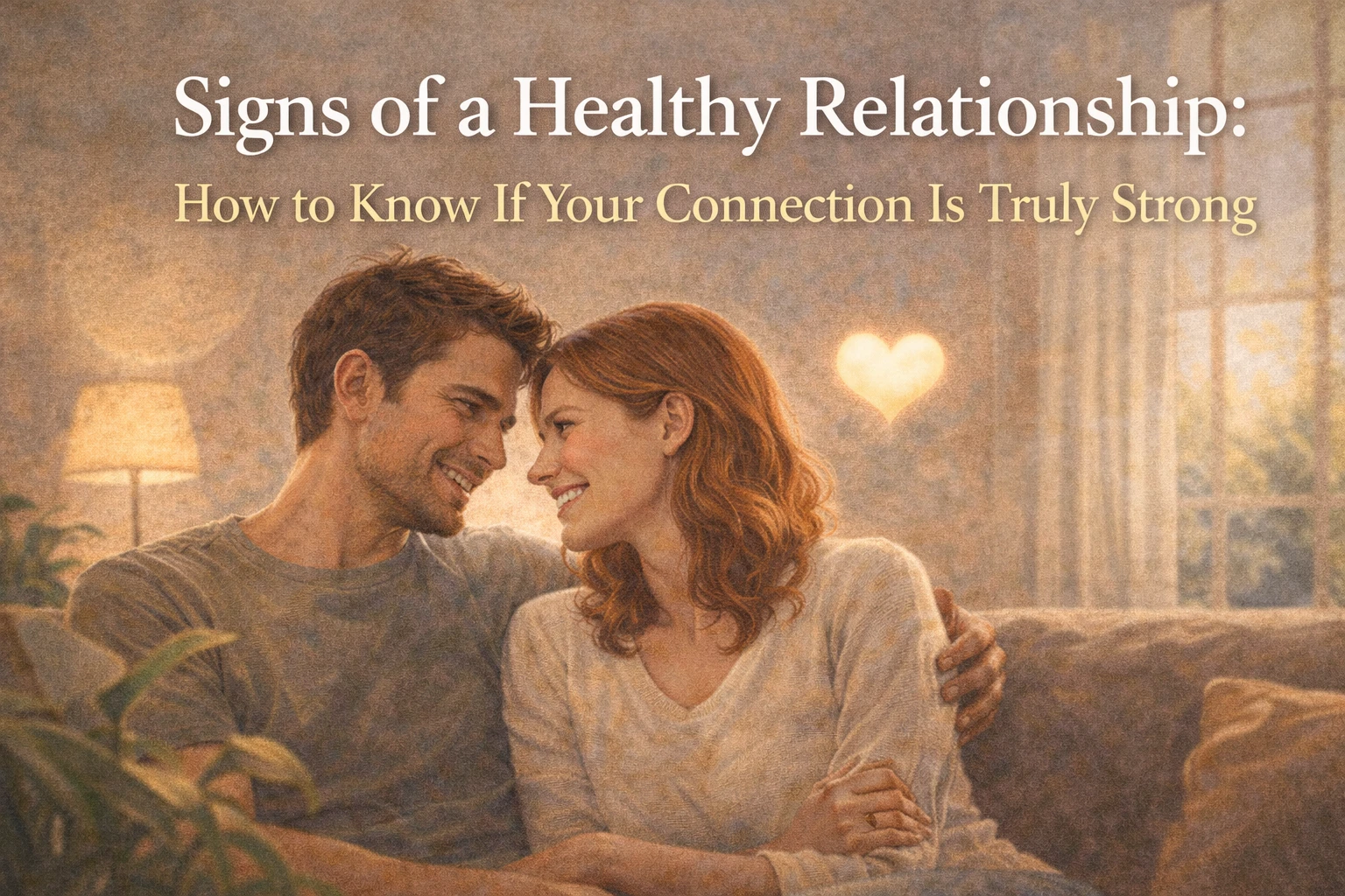 Signs of a healthy relationship illustrated by a happy couple showing trust, emotional connection, and mutual support in a warm home environment.