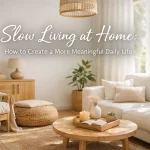 Calm minimalist living room with soft natural light, plants and cozy decor representing slow living at home and a meaningful daily life.