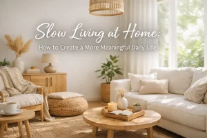 Calm minimalist living room with soft natural light, plants and cozy decor representing slow living at home and a meaningful daily life.