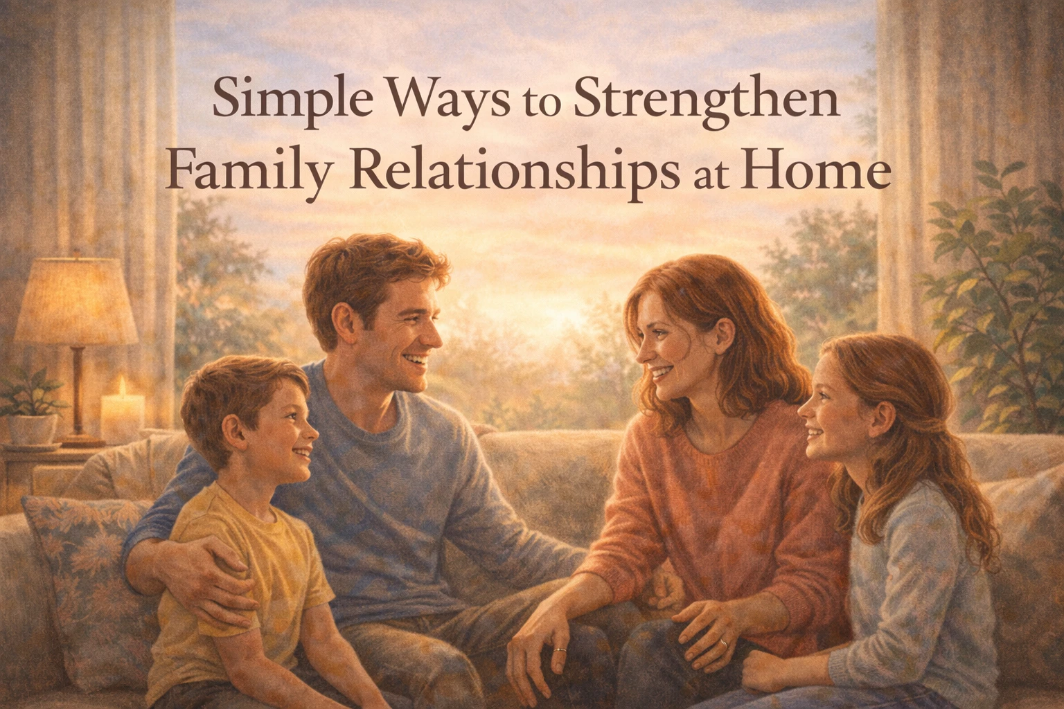 Happy family talking together in a cozy living room, representing simple ways to strengthen family relationships at home.