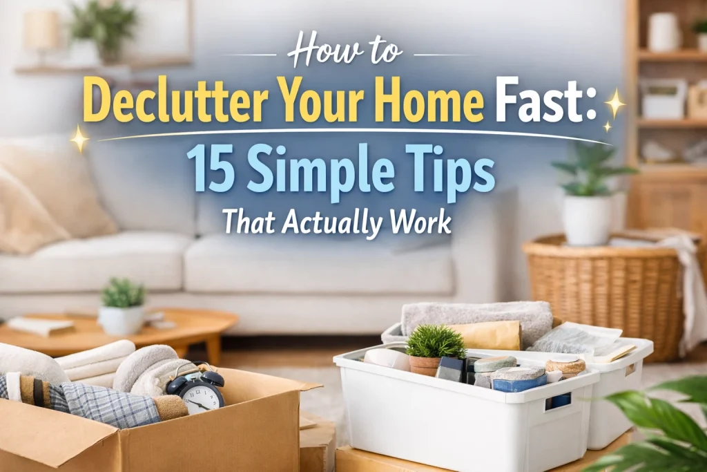 organized home with decluttered living room and storage boxes showing simple ways to declutter your home fast