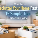 organized home with decluttered living room and storage boxes showing simple ways to declutter your home fast